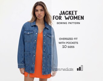 Jacket Pattern For Women Denim Jacket Sewing Pattern, Women's Oversized Shirt Pattern