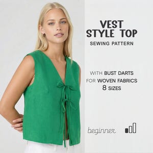 Patrón de costura para blusa de lino, patrón de chaleco para mujer, patrón de blusa con lazo delantero para telas tejidas, patrón de blusa para tallas grandes, patrones de costura en PDF