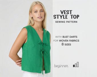 Linen Top Sewing Pattern, Vest Pattern For Women, Front Tie Top Pattern For Woven Fabrics, Plus Size Top Pattern, PDF Sewing Patterns