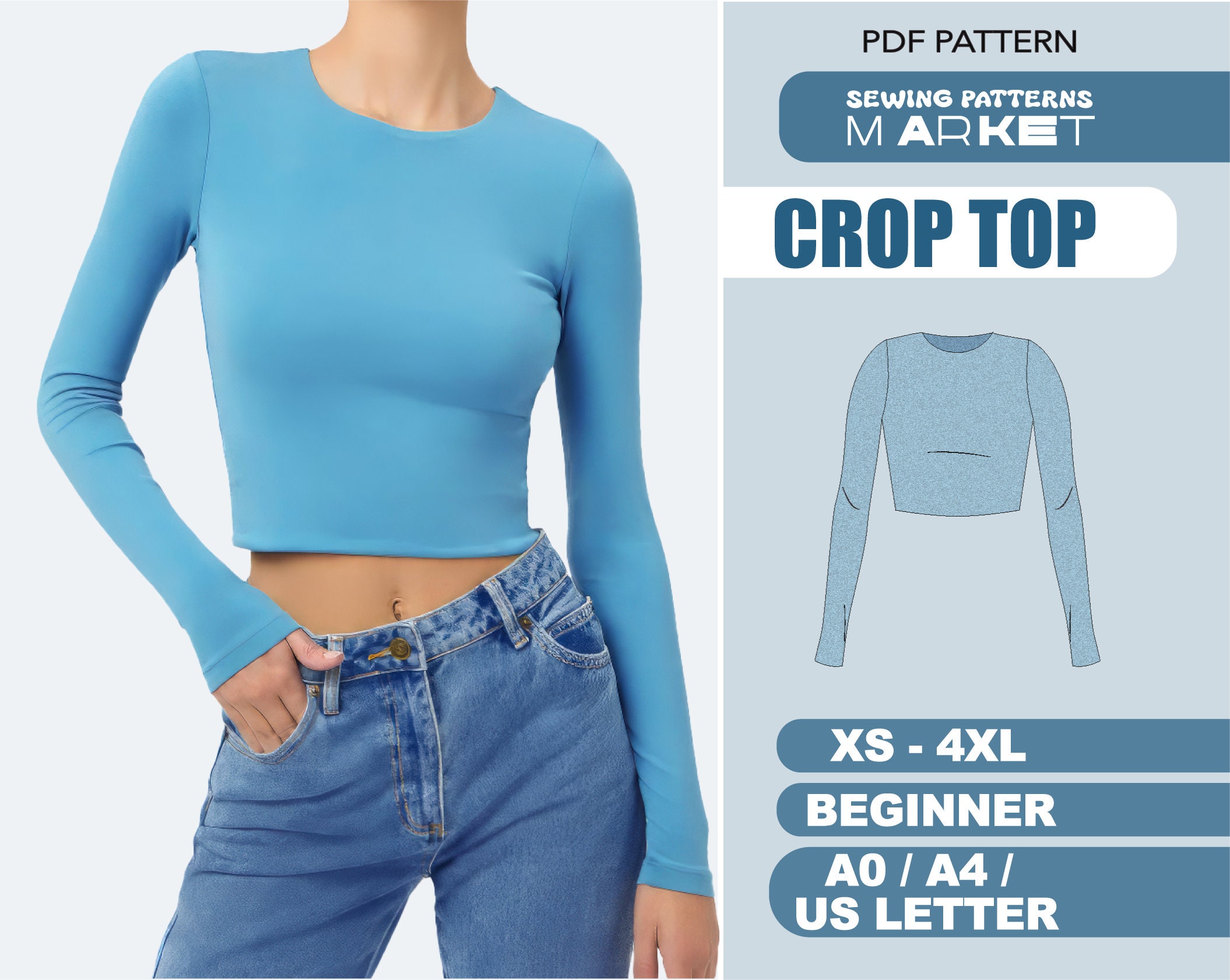 Crop Top Pattern, Long Sleeve Womens Sewing Patterns Plus Size XS