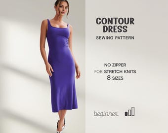 Midi Dress Sewing Pattern Beginner Level, Fitted Bodycon Dress Pattern, Digital PDF Patterns XS - 4XL, Women Dress Pattern, Instant Download