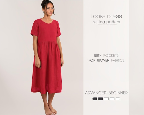 Linen dress with pockets pattern, Easy tunic pattern, Midi dress sewing pattern, Country dress pattern, Plus size loose dress pattern