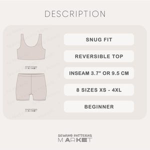 Pu&ograve; includere: Un completo di abbigliamento sportivo beige chiaro, composto da un reggiseno sportivo e pantaloncini. L'immagine include il testo "SNUG FIT", "REVERSIBLE TOP", "INSEAM 9,5 CM", "8 SIZES XS - 4XL" e "BEGINNER". Il logo Sewing Patterns Market &egrave; in basso.