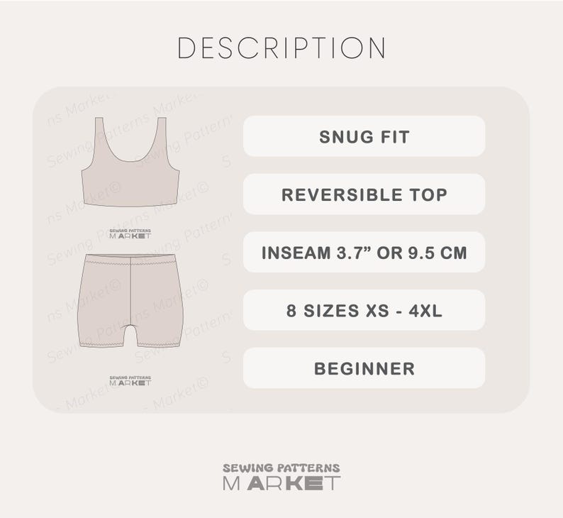 Pu&ograve; includere: Un completo di abbigliamento sportivo beige chiaro, composto da un reggiseno sportivo e pantaloncini. L'immagine include il testo "SNUG FIT", "REVERSIBLE TOP", "INSEAM 9,5 CM", "8 SIZES XS - 4XL" e "BEGINNER". Il logo Sewing Patterns Market &egrave; in basso.