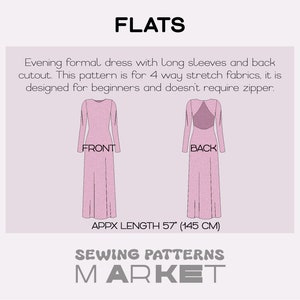 May include: A light pink sewing pattern for an evening formal dress with long sleeves and a back cutout. The pattern is designed for beginners and doesn't require a zipper. The dress is approximately 57 inches long.