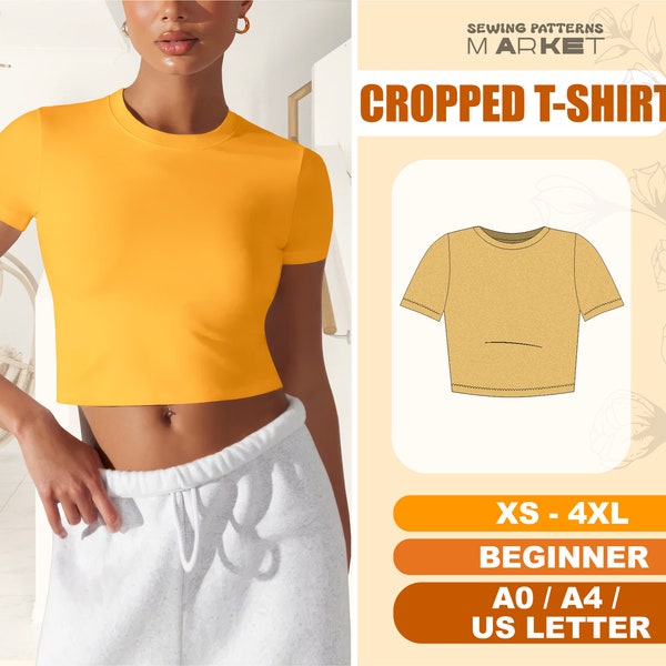 Cropped Top Pattern Beginner Crop T-Shirt Sewing Pattern, XS - 4XL, Women's Plus Size Top Pattern, PDF Digital Patterns, Instant Download