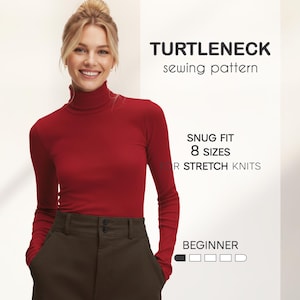 Patrón de costura para suéter de cuello alto, patrón de top de manga larga para mujer, tallas grandes XS-4XL, patrón de suéter sencillo, descarga instantánea del patrón en PDF