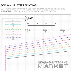 May include: A sewing pattern layout with size markings from XS to 4XL. The image includes a ruler with markings in centimeters and inches, and the text "SEWING PATTERNS MARKET". Instructions are provided for A4/US letter printing.