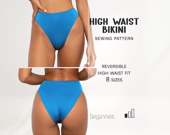 May include: A high-waist bikini in a vibrant blue color. The image shows the front and back views of the bikini. Text on the image reads "HIGH WAIST BIKINI SEWING PATTERN", "REVERSIBLE HIGH WAIST FIT 8 SIZES", and "beginner".