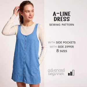 Puede incluir: Un patrón de costura para vestido línea A de mezclilla azul con bolsillos laterales, cremallera lateral y 8 tallas. El texto dice A-LINE DRESS SEWING PATTERN WITH SIDE POCKETS WITH SIDE ZIPPER 8 SIZES advanced beginner.