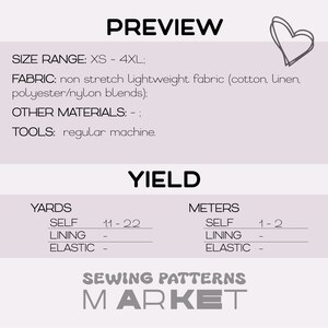 May include: A sewing pattern for a garment with a size range of XS to 4XL. The pattern requires non-stretch lightweight fabric, such as cotton, linen, polyester, or nylon blends. The pattern also includes instructions for using a regular sewing machine.