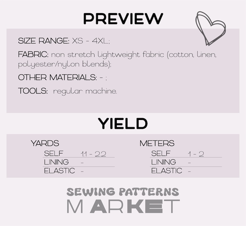 May include: A sewing pattern for a garment with a size range of XS to 4XL. The pattern requires non-stretch lightweight fabric, such as cotton, linen, polyester, or nylon blends. The pattern also includes instructions for using a regular sewing machine.