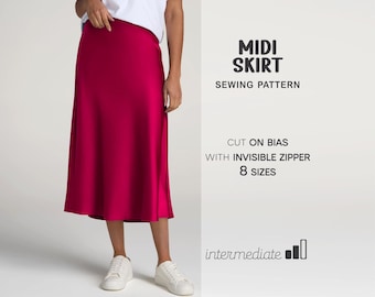 Bias Skirt Sewing Pattern, Satin Skirt Pattern, Midi Skirt Pattern, Silk Skirt Pattern, A-Line Skirt Pattern, Plus Size PDF Sewing Patterns
