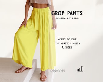 Cropped Pants Sewing Pattern BEGINNER Level, Wide Leg Palazzo Pants Pattern, XS - 4XL, Women Digital PDF Sewing Patterns
