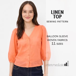 Op de afbeelding: Een vrouw draagt een oranje linnen top met ballonmouwen en een V-hals. De top is dichtgeknoopt. De tekst luidt "LINEN TOP SEWING PATTERN" en "BALLOON SLEEVE WOVEN FABRICS 11 SIZES". Het patroon is voor geweven stoffen.