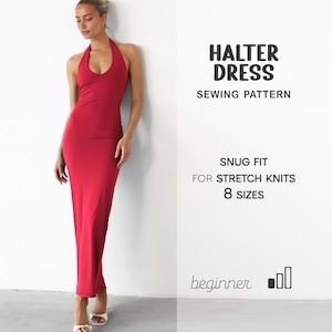 Può includere: Un modello di cucito per un abito rosso con collo all'americana, progettato per tessuti elasticizzati. L'abito è lungo fino al pavimento e presenta uno scollo all'americana. Il testo dice "Halter Dress Sewing Pattern" e "8 taglie".