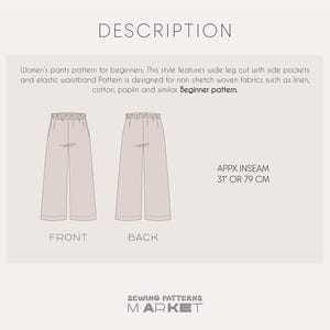 K&ouml;nnte beinhalten: Illustration eines Schnittmusters f&uuml;r eine Hose mit weitem Bein. Das Bild zeigt Vorder- und R&uuml;ckansicht der Hose mit elastischem Bund und Seitentaschen. Die Schrittl&auml;nge betr&auml;gt ca. 79 cm. Der Text enth&auml;lt "DESCRIPTION" und "Beginner pattern."