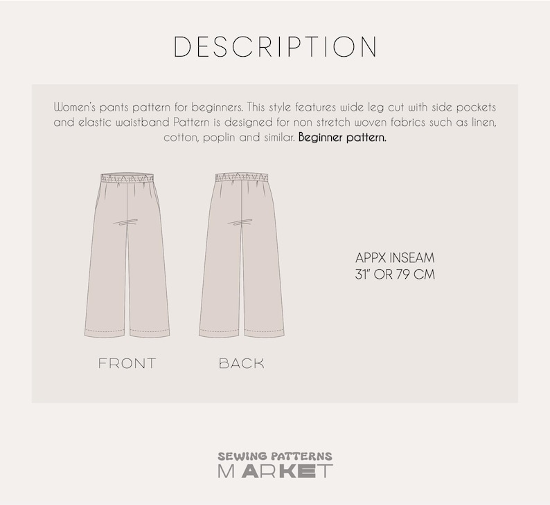 K&ouml;nnte beinhalten: Illustration eines Schnittmusters f&uuml;r eine Hose mit weitem Bein. Das Bild zeigt Vorder- und R&uuml;ckansicht der Hose mit elastischem Bund und Seitentaschen. Die Schrittl&auml;nge betr&auml;gt ca. 79 cm. Der Text enth&auml;lt "DESCRIPTION" und "Beginner pattern."