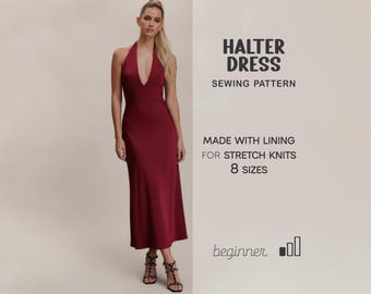 Halter Dress Pattern, Open Back Dress Sewing Pattern For Women, Elegant Long Dress Pattern