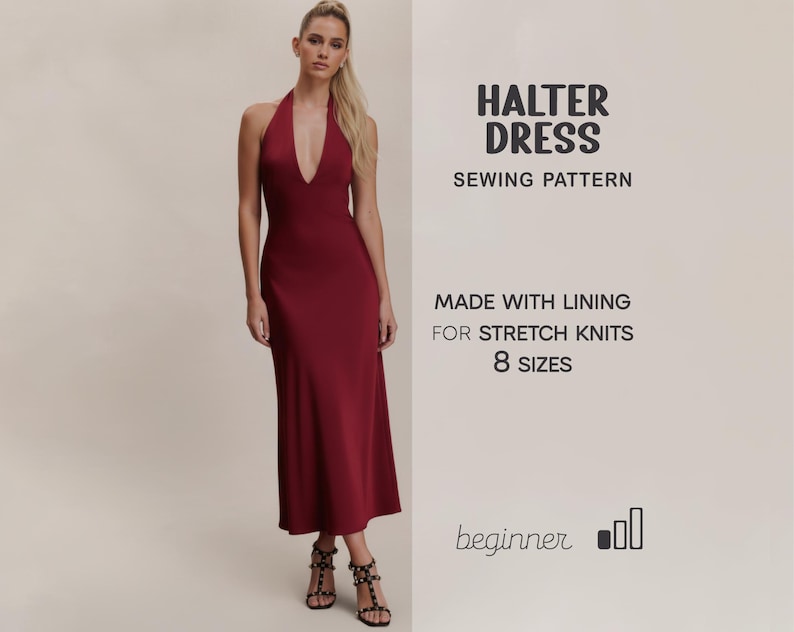 Halter Dress Pattern, Party Dress Sewing Pattern For Women, Flared Dress Pattern, Long Dress PDF Pattern, open back dress pattern, womens dress pattern, birthday dress pattern, stretch dress pattern, fitted dress pattern, maxi dress pattern, sewing pattern for womens dress, elegant dress pattern, PDF sewing patterns for women