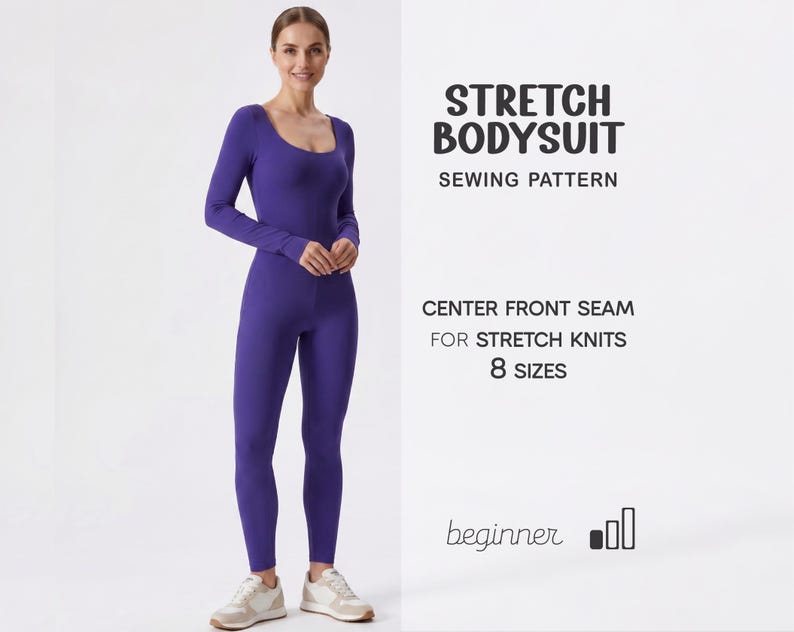 May include: A woman wearing a long-sleeved, purple stretch bodysuit. The image includes text that reads "Stretch Bodysuit Sewing Pattern" and details about the pattern, including "8 sizes" and "beginner".