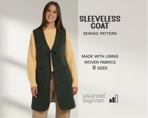 Winter Coat Sewing Pattern For Women, Vest Pattern, Sleeveless Long Jacket Pattern