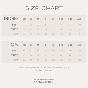 May include: A size chart with measurements in inches and centimeters for bust, waist, and hip. The chart includes sizes XS to 4XL. The text "Size chart is provided for body measurements, not finished garment" is also included.
