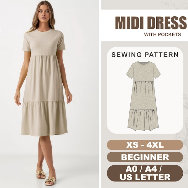 Dress Pattern For Sewing, Midi Dress Pattern, Dress With Pockets, PDF Beginner Pattern For Dress, Cotton Summer Dress, Plus Size Dress