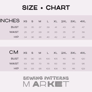 May include: A size chart with measurements in inches and centimeters. The chart includes bust, waist, and hip measurements for sizes XS to 4XL. The text "SIZE &bull; CHART" is at the top, and "SEWING PATTERNS MARKET" is at the bottom.