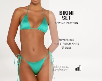 May include: A turquoise bikini set. The top is a triangle style with halter straps, and the bottoms are a classic tie-side design. The image also includes text that reads "BIKINI SET SEWING PATTERN REVERSIBLE FOR STRETCH KNITS 8 SIZES advanced beginner".