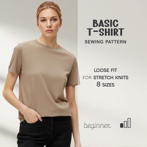 Patrón de costura para camiseta de mujer, 8 tallas, patrón de camiseta casual, patrones de costura en PDF para tallas grandes, nivel principiante