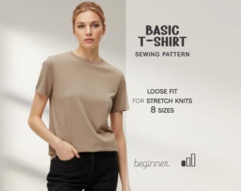T-Shirt Sewing Pattern For Women 8 sizes, Casual T-Shirt Pattern, Plus Size PDF Sewing Patterns Beginner Level
