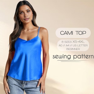 May include: A sewing pattern for a blue cami top. The pattern includes 8 sizes from XS to 4XL and is available in A0, A4, and US Letter sizes. The pattern is for beginners.