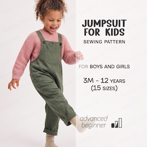 May include: A sewing pattern for a kids' jumpsuit, featuring text that reads JUMPSUIT FOR KIDS SEWING PATTERN FOR BOYS AND GIRLS 3M - 12 YEARS (15 SIZES) advanced beginner. The image shows a child wearing olive green overalls over a pink sweater.