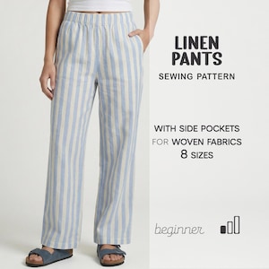 Puede incluir: Pantalones de lino a rayas azules y blancas con bolsillos laterales. Los pantalones forman parte de un patrón de costura para tejidos y están disponibles en 8 tallas. Se muestra el texto "LINEN PANTS SEWING PATTERN".