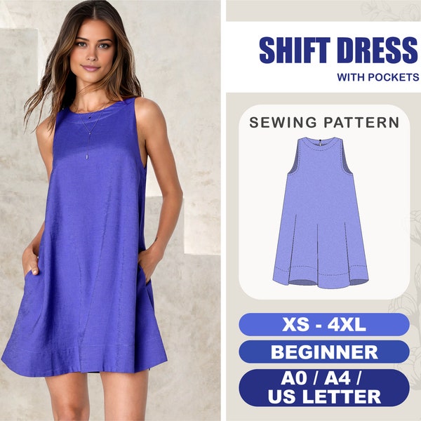 Shift Dress Sewing Pattern, Short Flared Dress Pattern, Plus Size Dress With Pockets, XS - 4XL, Linen A-Line Dress Pattern For Beginners