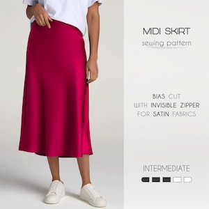 Puede incluir: Un patrón de costura para una falda midi con corte en bies y cremallera invisible. El patrón está diseñado para telas de satén y está clasificado como dificultad intermedia.