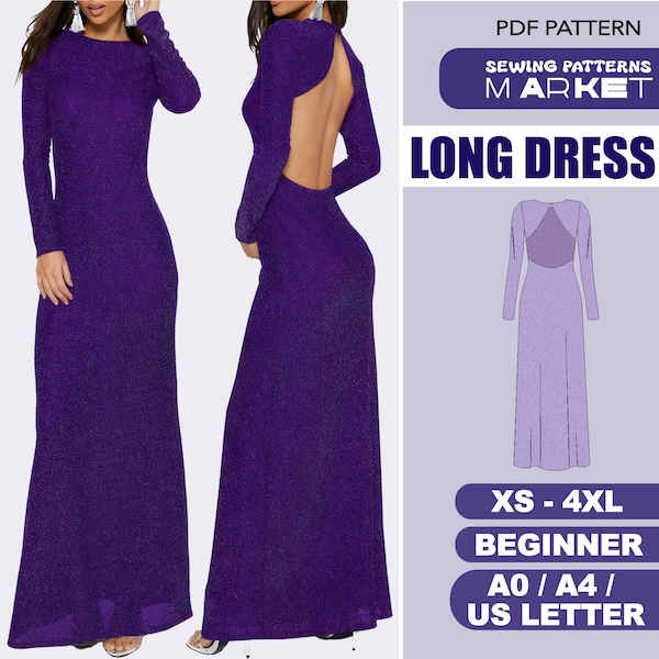 Long Dress Sewing Pattern, Formal Dress Pattern, Evening Prom Dress Pattern, Digital Patterns, Womens Plus Size, XS - 4XL, Instant Download