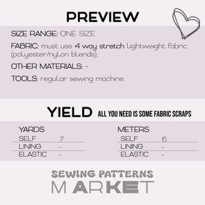 May include: A preview graphic for a sewing pattern, featuring the text "PREVIEW" and "SEWING PATTERNS MARKET." The graphic includes fabric and tool requirements, and yield information in yards and meters.
