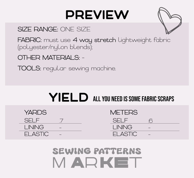 May include: A preview graphic for a sewing pattern, featuring the text "PREVIEW" and "SEWING PATTERNS MARKET." The graphic includes fabric and tool requirements, and yield information in yards and meters.