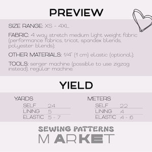May include: A preview graphic for a sewing pattern, featuring text about fabric, size range (XS-4XL), and yield in yards and meters. Includes a heart-shaped doodle and the Sewing Patterns Market logo.