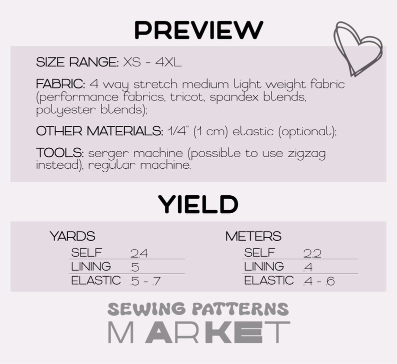 May include: A preview graphic for a sewing pattern, featuring text about fabric, size range (XS-4XL), and yield in yards and meters. Includes a heart-shaped doodle and the Sewing Patterns Market logo.