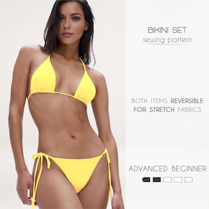 Może przedstawiać: Wzór szycia na żółty zestaw bikini z dzianiny. Wzór jest dwustronny i przeznaczony dla zaawansowanych początkujących. Wzór jest pokazany na modelce.