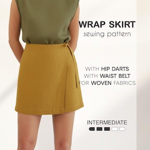 May include: Mustard yellow wrap skirt sewing pattern with hip darts and a waist belt for woven fabrics. The text on the image says "WRAP SKIRT sewing pattern" and "INTERMEDIATE". The model is wearing a green top.