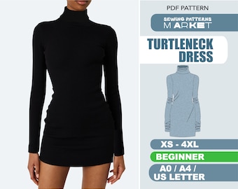 Turtleneck Dress Pattern, Bodycon Dress Pattern, Women Beginner Sewing Patterns, Digital Patterns, XS - 4XL, Instant Download