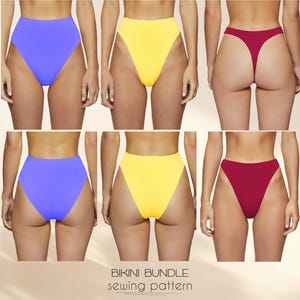 May include: A sewing pattern for a bikini bundle with three different styles of high-waisted bottoms. The bottoms are shown in purple, yellow, and red.
