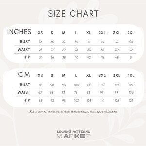 Pu&ograve; includere: Una tabella delle taglie con misure in pollici e centimetri per busto, vita e fianchi, dalla XS alla 4XL. La tabella include il testo "SIZE CHART" e "SEWING PATTERNS MARKET".