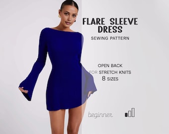 Backless Dress Pattern Beginner, Cutout Back Dress Sewing Pattern, Long Sleeve Dress, Digital Patterns, XS - 4XL, Birthday Dress Pattern