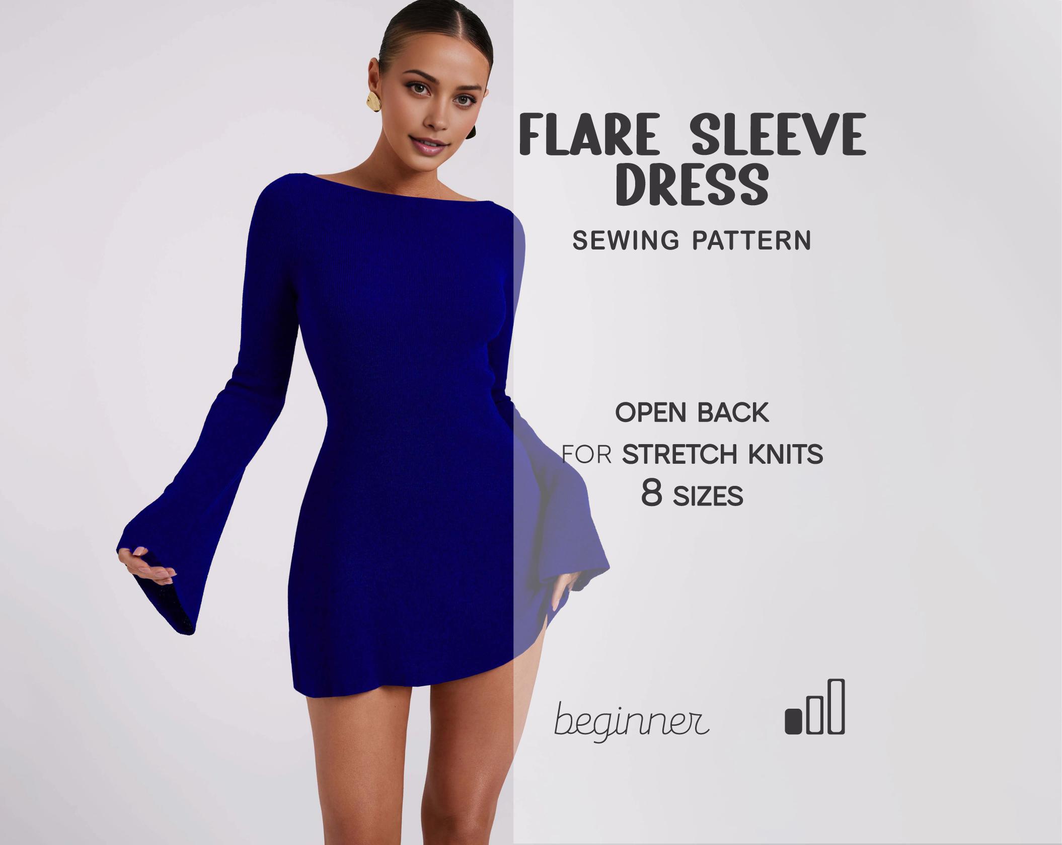 long sleeve backless dress pattern Open Back Dress Pattern Beginner Romantic Backless Dress Sewing Pattern,  Flared Long Sleeve Dress, Digital Patterns, XS - 4XL