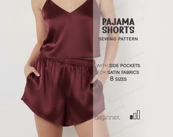 Patrón de pantalones cortos para mujer, patrón PDF de pantalones cortos de pijama de seda para principiantes